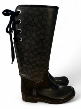 COACH "TRISTEE" LACE-UP IN BACK CORSET SIGNATURE LOGO RAIN BOOTS BLACK SIZE 8